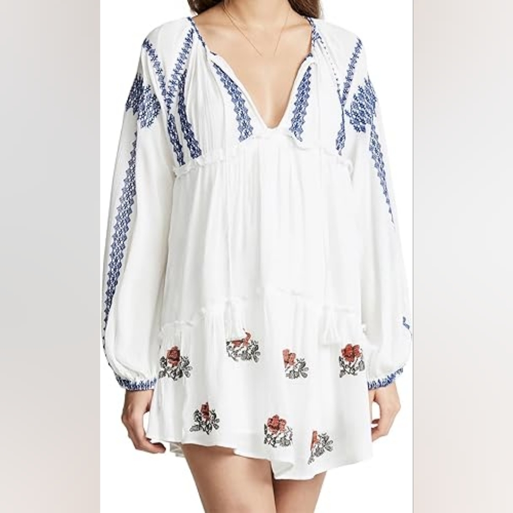 Free People White and Blue Embroidered Dress